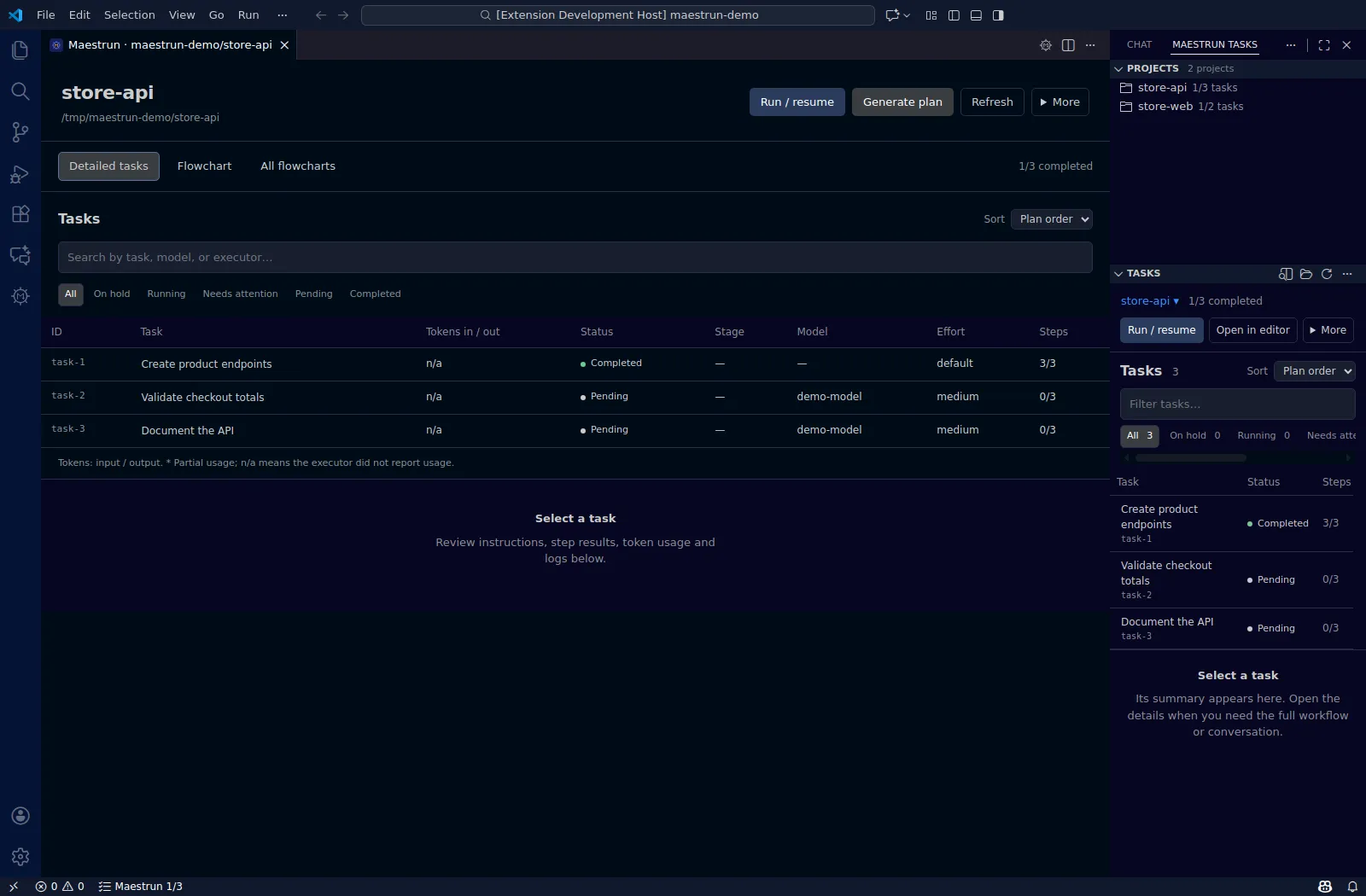 Maestrun in VS Code, with a task dashboard in the editor and Projects and Tasks in the Secondary Side Bar.