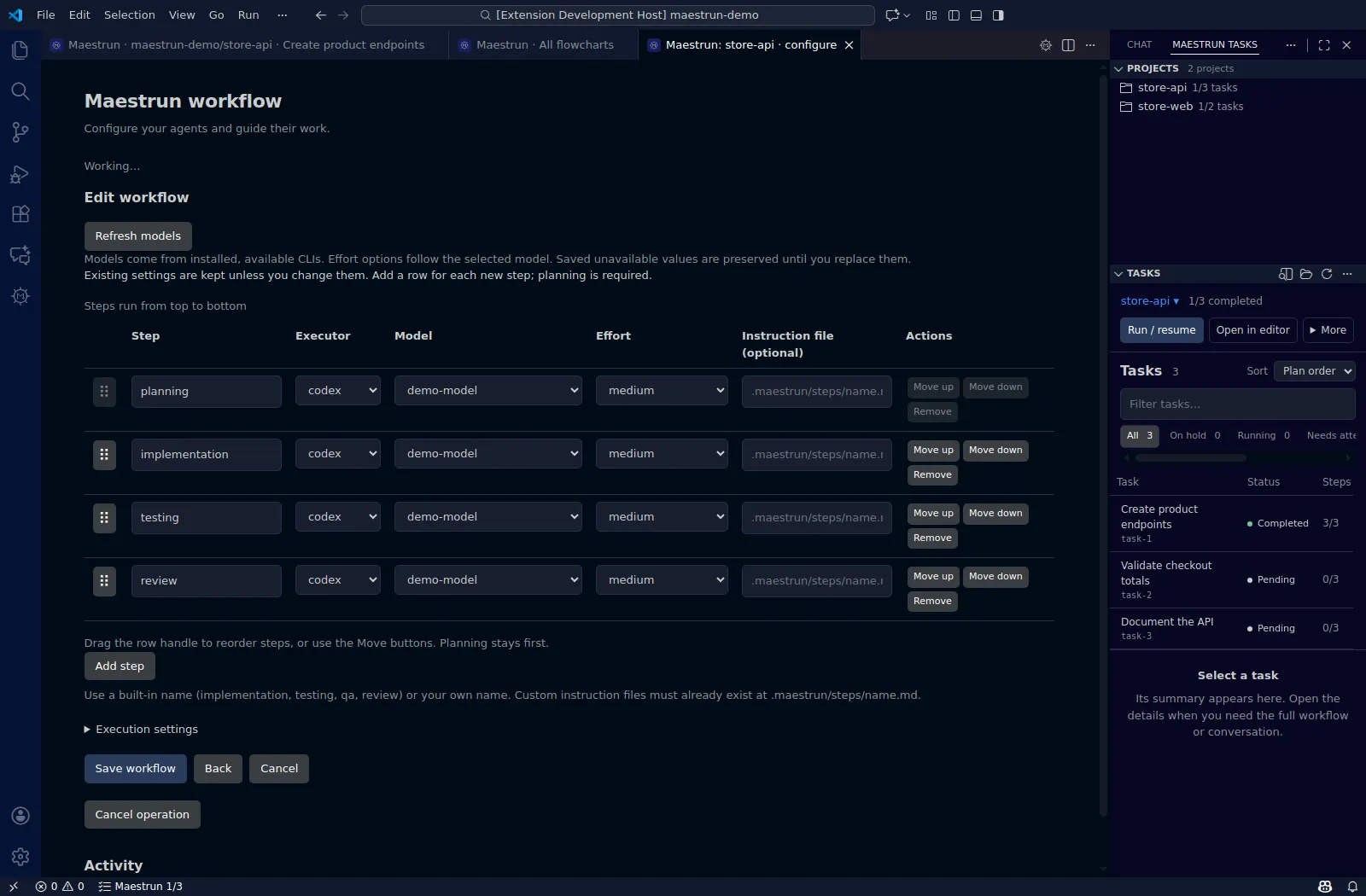 Workflow editor with executor, model, effort, and instruction file fields for each step.